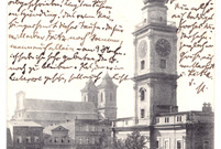 Stara pocztówka z wizerunkiem Ratusza, Rynku i wież kościoła św. Mikołaja