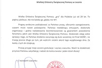 List z podziękowaniami dla osób zaangażowanych w WOŚP