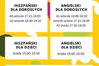Plakat z godzinami zajęć dla poszczególnych grup