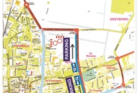 Mapka z zaznaczonymi parkingami i objazdami w dniu 1 listopada 2021