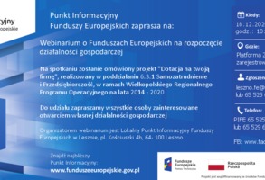 Webinarium o Funduszach Europejskich na rozpoczęcie działalności gospodarczej 